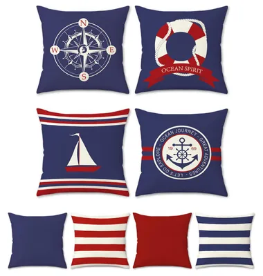 Produktbild von Set mit 4 nautischen Kissenbezügen 45 x 45 cm, wendbar, Kompass und Anker, Polyester-Leinen, rot und blau, dekorative Kissenbezüge für Sofa und Wohnzimmer.
