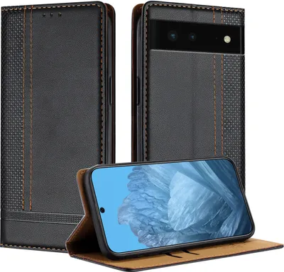 Obrázek produktu pro Pouzdro pro Google Pixel 6 kožené flipové pouzdro s funkcí stojánku černé