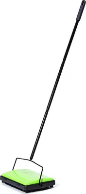 A green and black carpet sweeper is shown against a white background.
