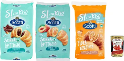 Produktbild von Riso Scotti, Si con Riso - Cornetti Testpaket, Laktosefreie Croissants mit Haselnusscreme, Pfirsichfüllung und Vollkornehl– Kuchen Laktosefreie süßer Snacks, 3x 240g + Italian Gourmet polpa 400g