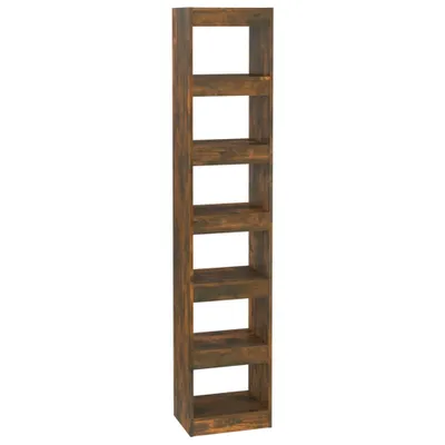 A tall, narrow, wooden bookshelf with six open compartments, shown against a white background.
