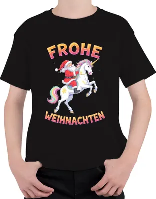 Produktbild von Frohe Weihnachten Weihnachtsmann Einhorn Regenbogen Kinder Lustig Uni Kinder T-Shirt, Schwarz, 140