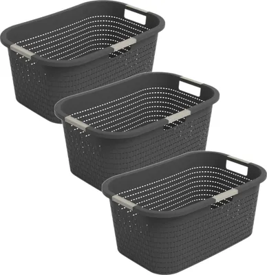 Three dark gray laundry baskets are stacked diagonally on a white background.