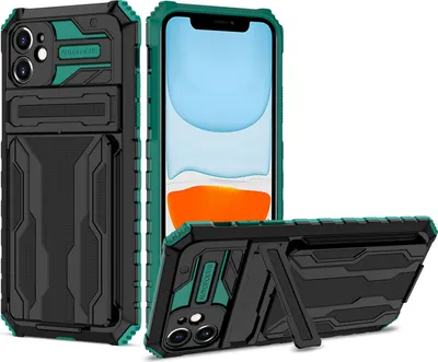 Produktbild von iPhone 11 Hülle, Hybrid Robust Schutz Stoßfest Schutzhülle mit Kartenhalter Ständer für iPhone 11 Grün