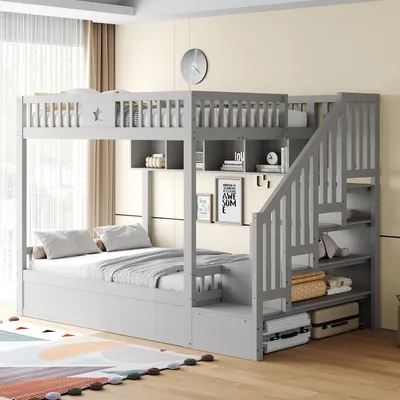 Produktbild von STILVORA Hochbett 140x200 cm mit hydraulischem Stauraum & Treppe, Holzbett mit Regalen & Sicherheitsgeländer, Etagenbett Jugendbett platzsparend für Schlafzimmer und Kinderzimmer, Grau