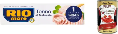 Produktbild von 12x Rio mare Tonno al Naturale, Natürlicher Thunfisch, Thunfisch hochwertiger gelbe Flossen 4 x 80 g + Italian Gourmet polpa 400g