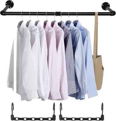 Zdjęcie produktu dla Wieszak na ubrania do montażu na ścianie, czarny, 88 cm. Wieszak na ubrania do montażu na ścianie, w stylu industrialnym, oszczędzający miejsce, do montażu na ścianie lub suficie, idealny do przedpokoju