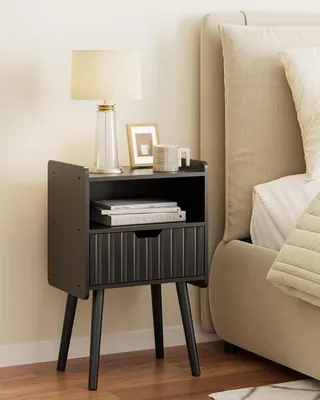 Image de Table de chevet en bois avec un tiroir, de couleur noire, idéale pour une chambre ou un salon