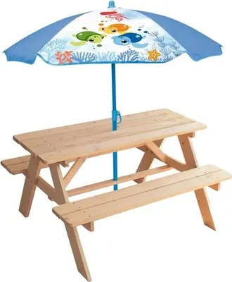Image de Table de Pique-Nique Enfant Bois, Avec Parasol Tortue, H.53xL.95xP.100 cm, Parasol H.125x100 cm