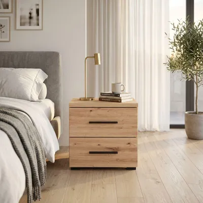 Immagine prodotto di Milani Home - comodino moderno 2 cassetti rovere chiaro, truciolare bilaminato, 45 x 34 x 43 cm