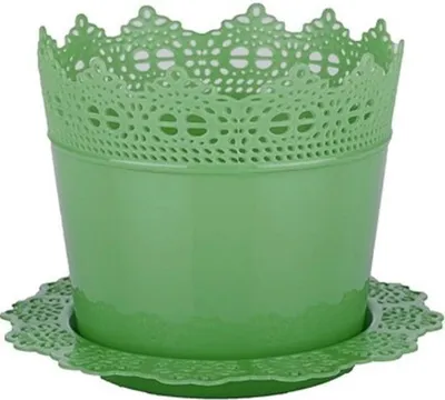 Image de 4 pots de fleurs élégants avec motif dentelle, jardinières vertes 14 cm + plateau