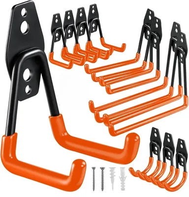 Produktbild von 12er-Set Garagenhaken aus Stahl mit Kunststoffbeschichtung, Wandhalterungen für Werkzeuge, Fahrräder und Zubehör
