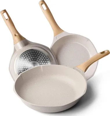 Immagine prodotto di Set di pentole a induzione in granito da 20-24-28 cm, set di padelle per omelette con manico in legno, set di padelle per uova e skillet adatto a tutti i tipi di fornelli