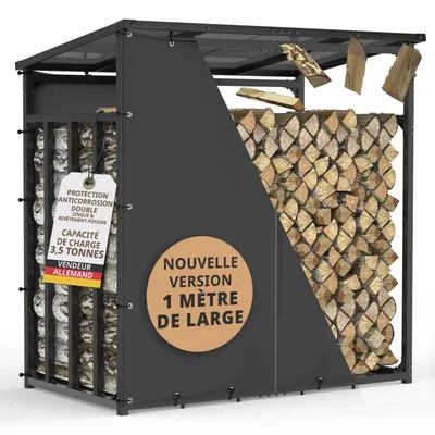 Image de Étagère à bois de cheminée en métal avec toit 185x105x185 galvanisée 1m de profondeur 3,5t 5,25m³ avec bâche de couverture Étagère