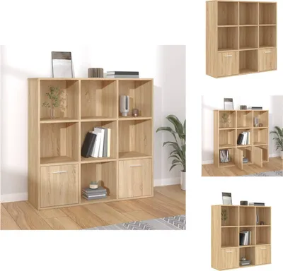 A collage of images showing a wooden cube shelf unit from different angles and with some doors open.