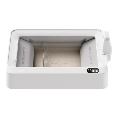 A white and gray self-cleaning cat litter box.