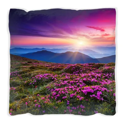 Produktbild von Wallario Premium Kissen, weiche Oberfläche, mit Motiv Blumenbedeckte Wiese bei Sonnenuntergang, Größe: 60 x 60 cm, mit weißer Rückseite