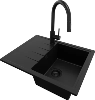 A black granite kitchen sink with a black faucet against a white background.