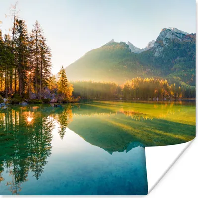 Produktbild von MuchoWow® Poster See - Wald - Berge - Natur - Sonne - Landschaft 100x100 cm - Babyzimmer