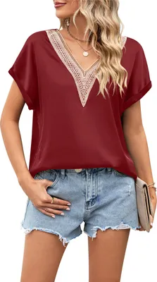 Produktbild von ASKSA Damen T-Shirt Sommer Satin Spitze V-Ausschnitt Oberteile Elegant Casual Bluse Tops, Weinrot, Groesse: XL