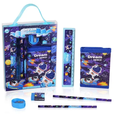 Produktbild von Schrein Set Astronaut für Kinder mit Geldbörse, Bleistiften, Lineal, Anspitzer und Radiergummi