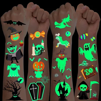 Produktbild von Halloween Tattoos für Kinder – 10 Blatt Leuchtende Tattoos, Wasserdicht, Hautfreundlich