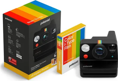 A Polaroid Now+ Gen. 3 E-Box camera and film pack are displayed against a white background.