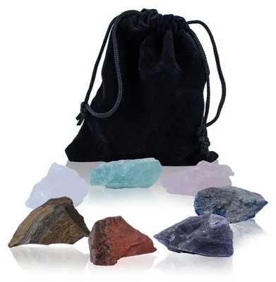 Produktbild von Aromantra - 7 Chakra Rohsteine Set Mit Beutel - Rohe Heilsteine Bergkristall, Amethyst, Jaspis - Für Yoga & Energiemeditation