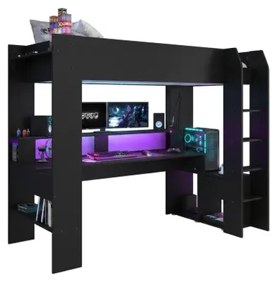 Image de Lit enfant mezzanine combiné avec LED Gamer ONLINE - 90 x 200 cm - Noir mat - Sommier à lattes inclus - PARISOT