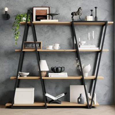 Image de Étagère géométrique 158 x 35 x 166 cm Bibliothèque Étagère ouverte en métal avec des étagères en MDF de 25 mm d'épaisseur Design triangulaire pour le salon, la cuisine ou le bureau