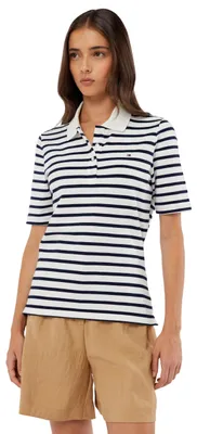 Imagen del producto de Camiseta polo regular fit Tommy Hilfiger, modelo 1985. Camiseta con cuello tipo polo, para adultos, para mujer, color crema, azul marino, talla S. Cuello polo