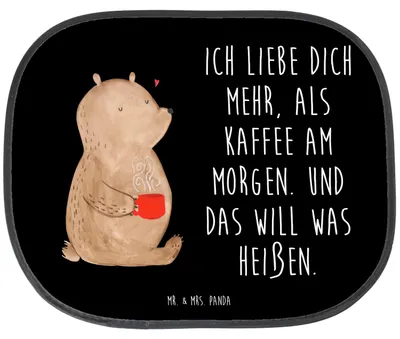 Produktbild von Mr. & Mrs. Panda Autosonnenschutz Bär Morgenkaffee - Schwarz - Geschenk, für Partner, Frauen, Sonnenschutz Auto, Sonnenblende, Seitenscheibe, Autoscheibe, Freundin