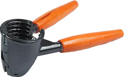 A nutcracker with black metal and orange wooden handles is shown against a white background.