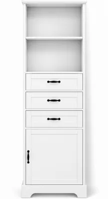 Produktbild von Badezimmerschrank Hochschrank 56 x 25,6 x 167 cm,Badschrank mit 3 Schubladen,2 offenen Fächern und Tür,Verstellbarem Einlegeboden,MDF,Weiß