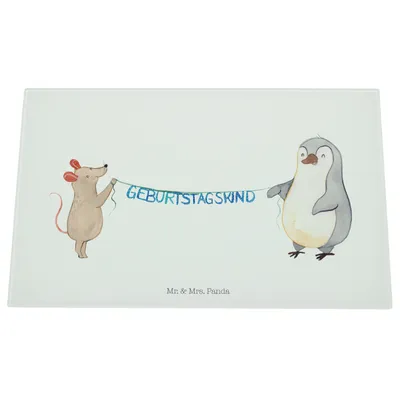 Produktbild von Mr. & Mrs. Panda Hackbrett Maus Pinguin Geburtstag - Weiß - Geschenk, Schneidplatte Glas, Schneideplatte, Happy Birthday, Schneidebrett, schneidbrett, Geburtstage