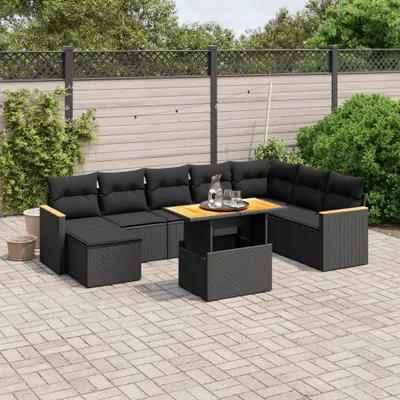 Produktbild von Design 9-tlg. Garten-Sofagarnitur mit Kissen Schwarz Poly Rattan, Gartenmöbel-Sets 2024 Neu