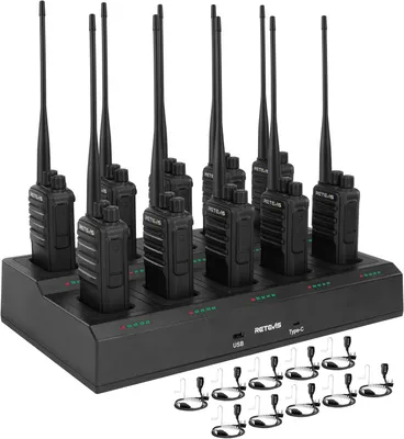 A set of 10 walkie-talkies and their charging station, with individual charging cables shown in the foreground.