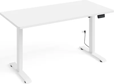 A white adjustable standing desk on a white background.
