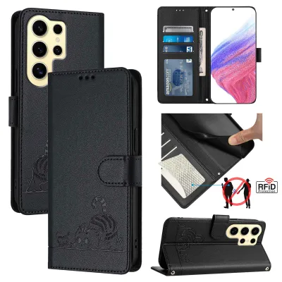 Produktbild von Leder Hülle für Samsung Galaxy S24 Ultra Süße Katze Flip Case Brieftasche Schutzhülle mit Standfunktion Schwarz
