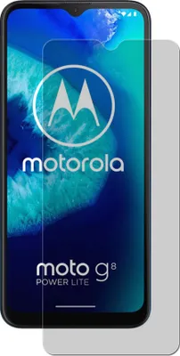 A screen protector is shown on top of a Motorola Moto G8 Power Lite phone screen.