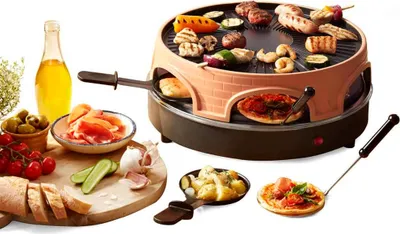 Produktbild von Emerio Emerio PO-113255.4 - Pizzarette 3-IN-1 - 6 Personen - Pizzarette, Schweizer Raclette und Grill - Isolierte Bratspatel - 6 Pfännchen