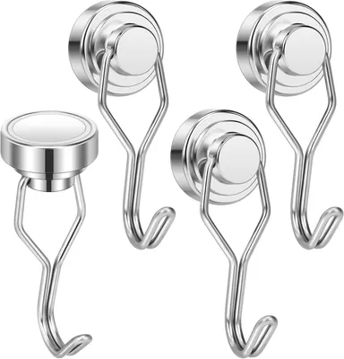 Productafbeelding van Neodymium Magneten - Sterke Haken - Keuken Organiseren - 180° Draaibaar - 4 Stuks - Zilver