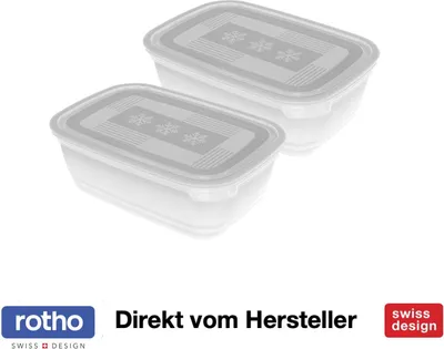 Produktbild von Rotho FREEZE Gefrierbehälter, 2er Set (je 1,9 L), transparentem Kunststoff, rechteckig mit Wellenboden, luft- & wasserdicht, Eiskristall-Motiv Deckel
