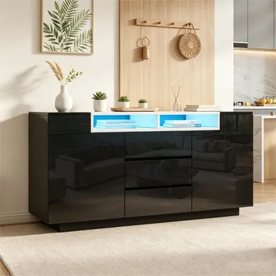 Produktbild von okwish Hochglanz-Kommode mit LED und verstellbaren Einlegeböden, Sideboard mit 3 Schubladen, Schwarz