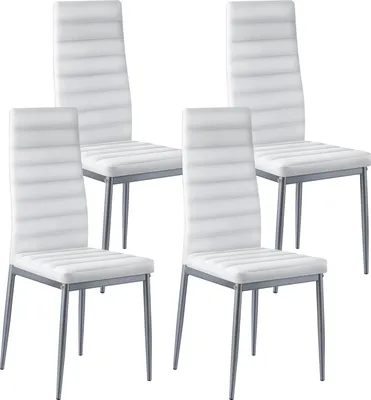 Four white dining chairs with silver metal legs are arranged on a white background.
