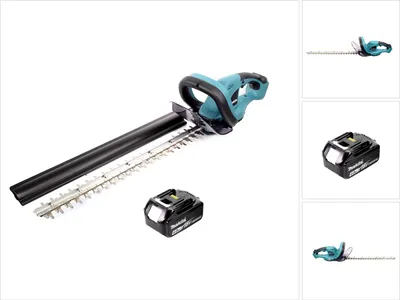 A cordless hedge trimmer and its battery are displayed against a white background.