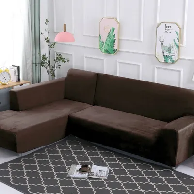 Produktbild von Stretch Samt Sofahusse Sofabezug L-Form Schnittsofa Überwurf 2 Stück Dicker Plüsch Sofabezüge für Ecksofa (3-Sitzer+3-Sitzer),Braun