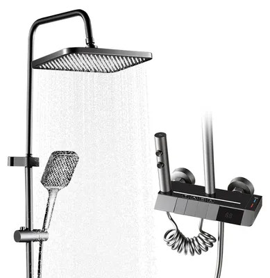 Imagen del producto de Sistema de ducha REMZETTA en color gunmetal (gris oscuro) con pantalla digital y iluminación, que incluye ducha de techo, ducha de mano y ducha de pulverización adicional, modelo para el mercado europeo