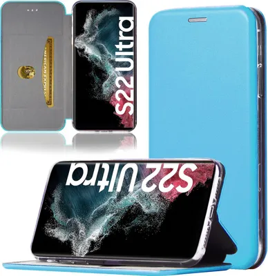 A collage of images showing a light blue flip case for a Samsung Galaxy S22 Ultra, with a card slot and stand function. The phone screen displays 'S22 Ultra'.