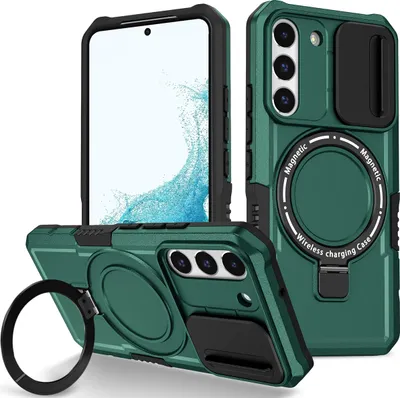 Produktbild von Handyhülle für Samsung Galaxy S22 5G Kompatibel mit MagSafe, Robuste Hülle mit Schiebe Kamera Schutz, Magnetischer Ringständer Dunkelgrün